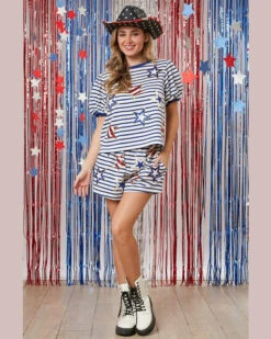 Sequin Stars Embroidery Puff Sleeve Striped Top
