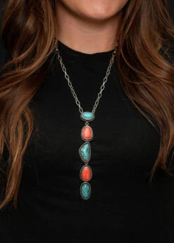 Turquoise/Coral Stone Drop Necklace