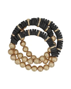 Wood And Gold Beaded Stretch Bracelet Set