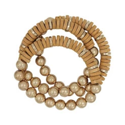 Wood And Gold Beaded Stretch Bracelet Set -Women Fashion B 1428YL EMB1151L MUST 2T