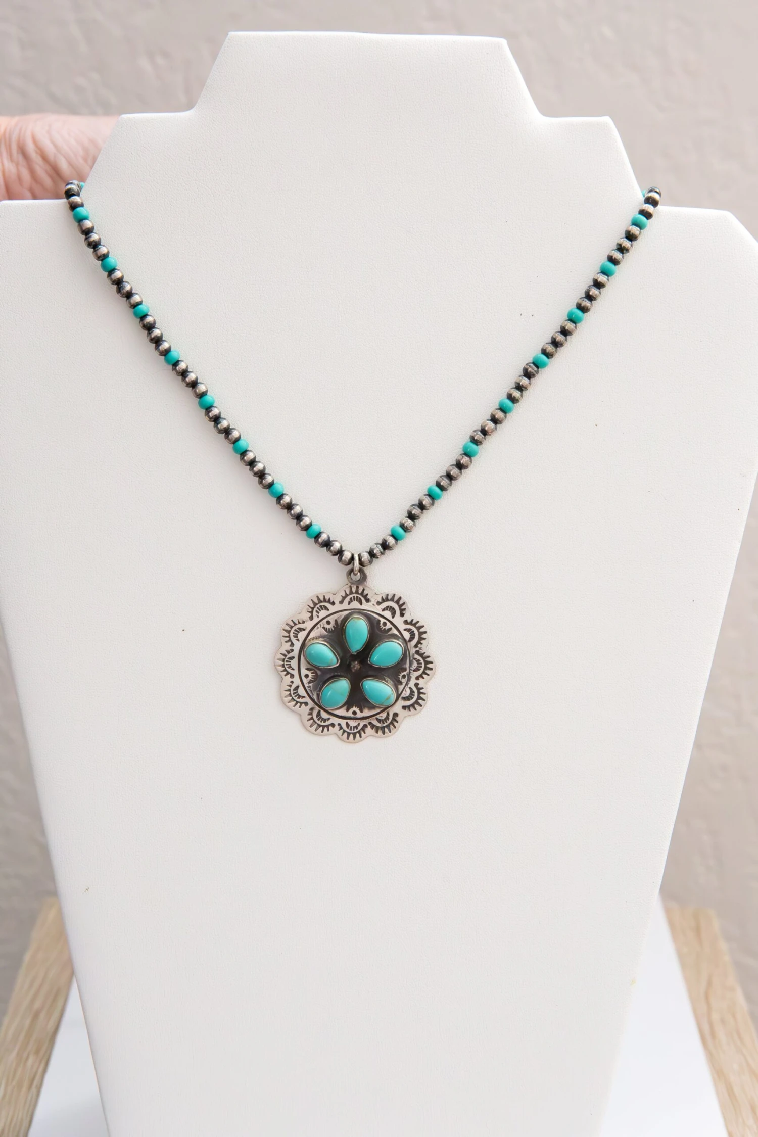 Sterling Flower & Turquoise Pendant Necklace 3 Sterling Flower & Turquoise Pendant Necklace