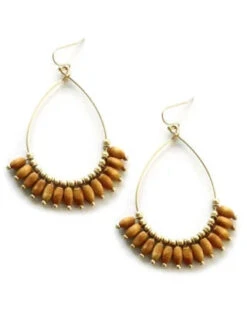 Gold Teardrop With Wooden Beads Earrings