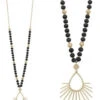 Wood Beaded With Gold Spiked Teardrop Necklace -Women Fashion N 1955BLK EMN2401BLK 2T