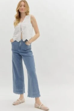 High Waist Embroidery Border Pants -Women Fashion entro fashion bottom p26396 021225 0020